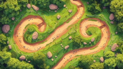 Wall Mural - A cartoon modern illustration showing a road at its top, with a path under construction and asphalted or dirt parts and barriers. A trail of green grass and rocks surrounds it, with a path on the