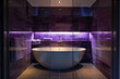 Glimpse through glass into a spa bath with purple tiling and a standalone white bathtub.