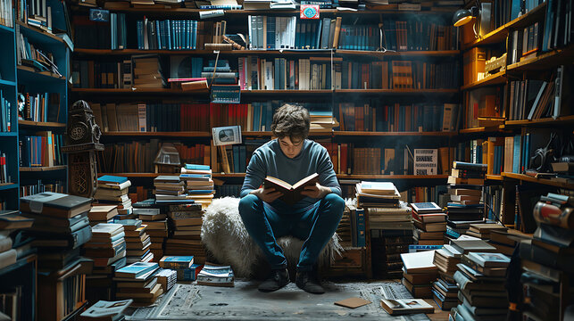 a scene where a person is immersed in reading a book, surrounded by a cozy setting such as a library, bookstore, or reading nook. Emphasize the joy and wonder of reading.