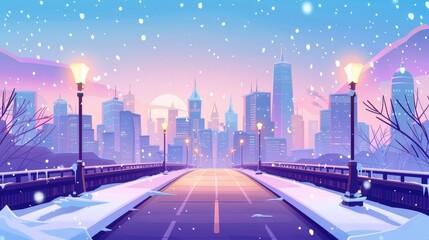 Wall Mural - Overpass car road in winter. Cartoon illustration of cityscape with cityscape, highway bridge with railings, street lights, house buildings, and skyscrapers on skyline.