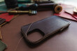 Craftmanship of genuine leather phone case handmade working
