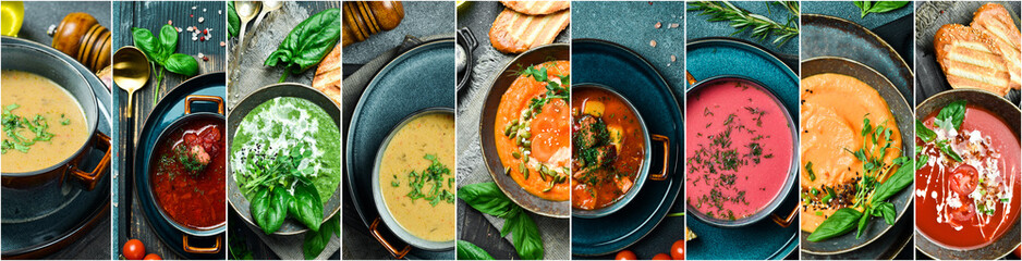 Wall Mural - Photo collage of various soups and cream soups. A set of colored soups in bowls. Photo banner for a food site.