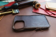 Craftmanship of genuine leather phone case handmade working