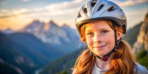 Close-up portrait of white young beautiful girl redhead hire in a bike helmet on mountain background, space for text. Mountain bike on offroad, portrait of cyclist at sunset. extreme, fitness