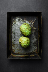 Wall Mural - Cherimoya sugar apple, custard apple, sweetsop, cherimoya fruit. Tropical fruits. Top view.