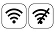 Two icons depicting black Internet icons Wi-Fi and no Wi-Fi on a white background.