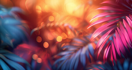 Wall Mural - Multicolored tropical leaves, backlight neon pink and purple. 