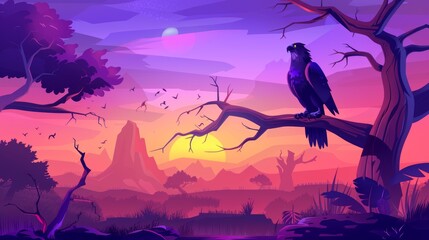 Wall Mural - In the summer forest with purple sky, fields and spruces, a black eagle is sitting on a branch beside a beautiful sunset. Illustration of wild bird at nature Cartoon modern illustration with summer