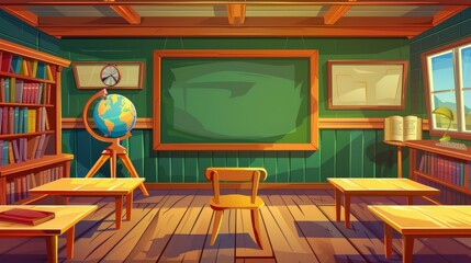 Wall Mural - An empty classroom with a white blank poster on a blackboard, with a green chalkboard, wooden tables and chairs, a bookcase, and a globe. Cartoon illustration of an empty classroom with a green