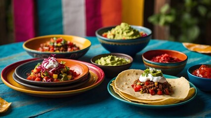 Wall Mural - Mexican food: tacos with shrimps, guacamole and salsa on wooden table