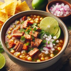 Canvas Print - Mexican pozole soup is a delicious and hearty soup made with hominy, pork or chicken, peppers, onions
