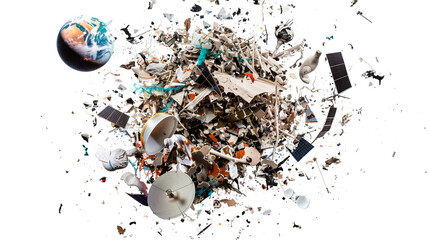 Wall Mural - Space Debris Isolated on White Background. Dangerous Junk Orbiting Earth - A Concept of Trash and Debris in Space