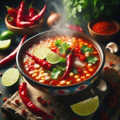 Poster - Mexican pozole soup is a delicious and hearty soup made with hominy, pork or chicken, peppers, onions
