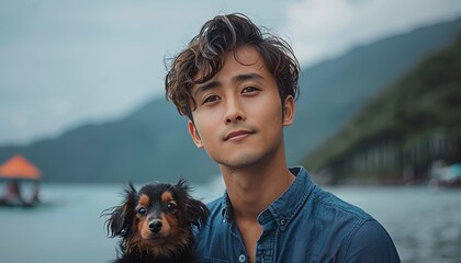 Wall Mural - Asian young man in blue shirt with cute puppy dog