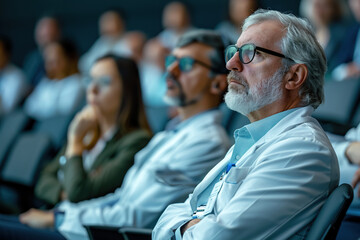 closeup portrait of male doctor with gray hair in glasses on a medical conference in lecture hall