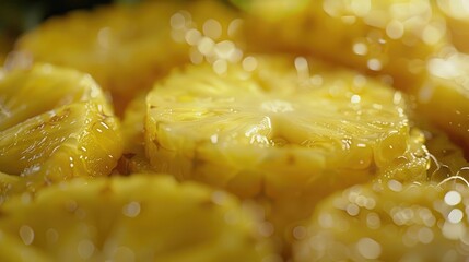 Wall Mural - A close-up shot of a freshly sliced pineapple, showcasing its juicy texture and vibrant yellow color on International Pineapple Day.