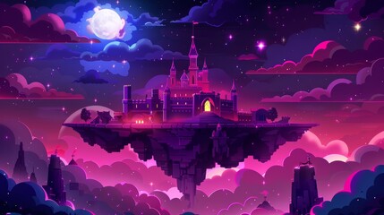 Wall Mural - Floating pink castle in night sky, fluffy clouds, stars, moon. Fantasy landscape with royal palace and flying ground pieces, Cartoon modern illustration, dark heaven.