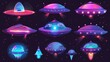 A flying saucer animation sprite sheet effect. Alien spaceship sequence frame, a disk bearing light and glass dome. Cartoon modern set with UI elements.