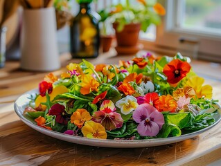 Wall Mural - Fresh flowers and greenery on a white plate near a window, AI-generated.