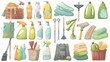 Various household tools and chemicals cartoon set isolated on white. Illustration of mop, broomstick, plunger, brushes, laundry basket, detergent bottles, iron, or linen stack.