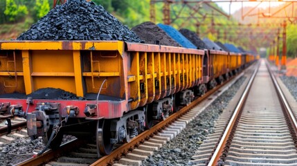 Coal transport wagon for mining and export on blurred background with copy space