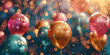 Goldene und bunte Luftballons zu Weihnachten Jubiläum und Geburtstag im schönen Gold Bokeh dekoriert Querformat für Banner 