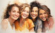 Vibrant watercolor portrait of four smiling women exuding joy and friendship
