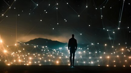 Embracing the Future: Men Walking through the Artificial Intelligence Network towards a Brilliant Beacon of Innovation.
