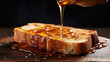Pouring oil onto slice of toasted bread on wooden