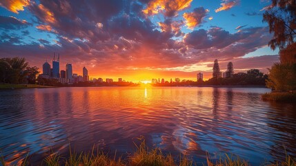 Wall Mural - Perth Australia sunset over the Swan River vibrant city life