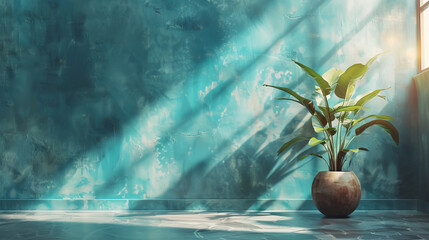 Wall Mural - A potted plant sits in a room with a blue wall