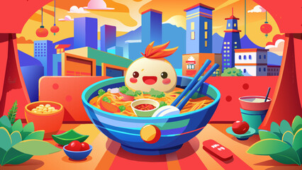 Wall Mural - a kawai bowl of  ramen wit face and a chille, made with glass and it seas 