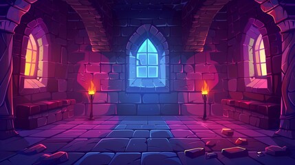 Poster - Animated cartoon illustration depicting an interior of a castle dungeon with stone walls and torches. A basement inside a medieval castle, palace or fort tower with a fire on the wall at night.
