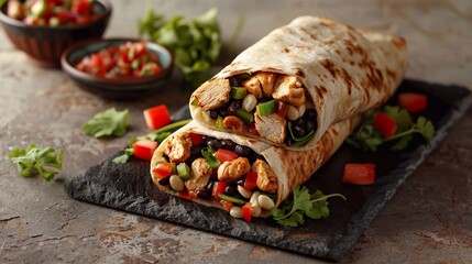 Wall Mural - Typical Homemade Juicy Mexican burrito with fresh vegetables and chicken with strong light on clean background. Healthy food