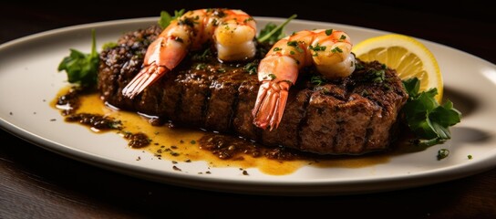 Succulent steak and shrimp on white plate