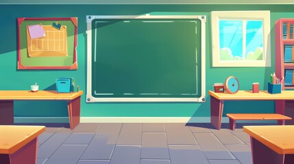 Wall Mural - Cartoon background with physics classroom and chalkboard. College science room with poster and teacher table. Educational equipment for a game learning app.