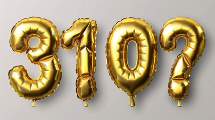 3d gold balloon number font, isolated modern set. Golden anniversary or birthday party celebration. Metallic ballon shiny font on transparent background.