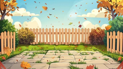 Wall Mural - This modern illustration shows a landscape with fall foliage, a wooden fence, and a wooden walkway. The backyard is empty in the fall with paving stones, bush, and falling leaves. The countryside