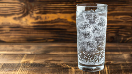 A glass of water with ice cubes in it sits on a wooden table