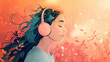 Listening to audio podcast. Young guy girl in headphones sits in front of monitor, electronic courses and training on Internet, education. Useful video and audio materials.