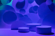 Abstract stage for presentation skin care products - three round podiums mockup in gradient blue violet glowing light, bubbles fly as decor. Template for displaying, showing in vapor wave neon style.