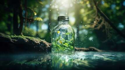 Wall Mural - Magic glass bottle with water splashing in the forest.