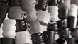 Close-up of monochrome speckled coffee cups 3D render
