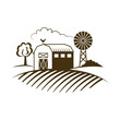 Farm landscape with house on arable land, vintage farmland scene vector illustration
