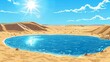 The desert landscape with lake water modern background. The empty oasis pond hole in the drought Africa Sahara panorama. The Egyptian sand, nature hills, game scene with waterhole and sun beam.