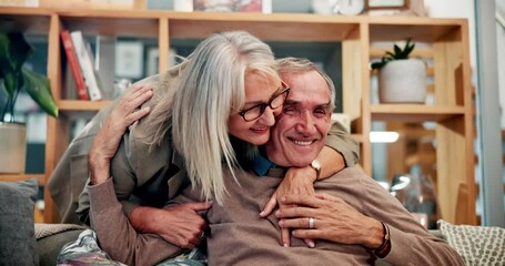 Poster - Senior, couple and hugging with smile on sofa in home with embrace, retirement or relax with support. Elderly, people and happy on couch with healthy marriage, bonding and love with care or affection