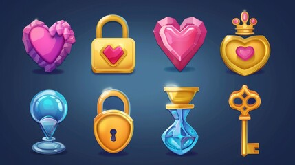 Wall Mural - Icon set with a lock, heart, prize, and hourglass for mobile magic RPG app. A collection of settings and bank card symbols for mobile magic RPG apps.