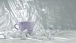 Purple speckled coffee cup with flying sugar cubes in 3D render