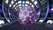 Iridescent hexagonal sphere in a blue sci-fi tunnel