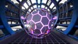 Iridescent hexagonal sphere in a blue sci-fi tunnel